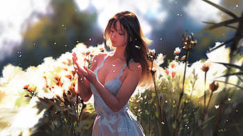 Girl Loving Flowers, artist, artwork, artstation HD wallpaper