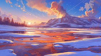 Enchanting Anime Yellowstone Winter Sunset -, anime landscape, Yellowstone, Snowy Mountain, snow HD wallpaper