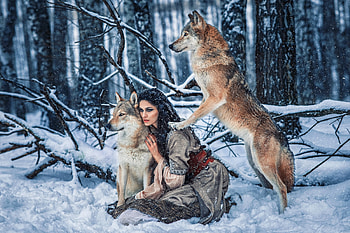 The pack, winter, aleksandra savenkova, model, aliona, iarna, girl, wolf, lup, animal HD wallpaper