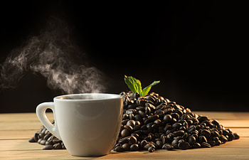 Black coffee, beans, leaf, cup HD wallpaper