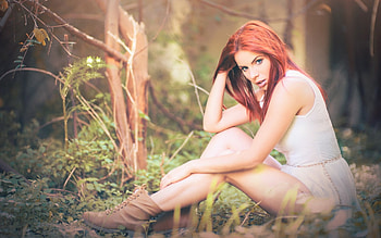 girl in the woods, girl, redhead, woods, legs HD wallpaper