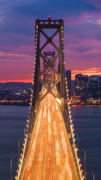 Bridge time lapse, Night clouds over Oakland HD phone wallpaper