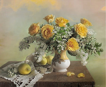 Yellow roses, table, roses, lemon, petals, flowers, lace HD wallpaper