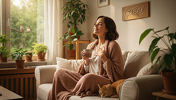 Grateful Morning — of a Woman's Cozy Calm, Couch, Cat, Mug HD wallpaper