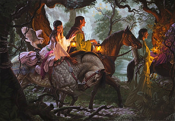 Rivendell elves, night, horse, art, pasare, girl, elf, owl, lotr, fantasy, arwen, rivendell, bufnita, lord of the rings, luminos HD wallpaper