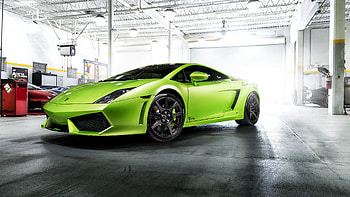 Lamborghini Gallardo, Car garage, Dual screen, High-resolution HD wallpaper
