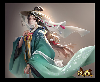 Fantasy girl, veil, girl, hat, hanji, fantasy HD wallpaper