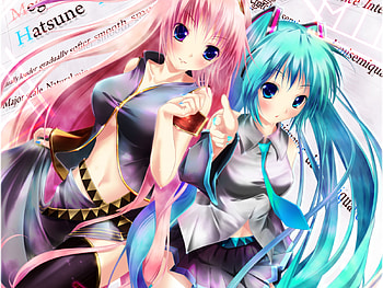 Miku & Luka, sexy, blue eyes, hatsune miku, cute, blue hair, pink hair, long hair, anime, megurine luka, girls, blush HD wallpaper