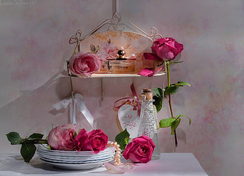 Vintage Style, still life, style, pink roses, beautiful, perfume, vintage HD wallpaper