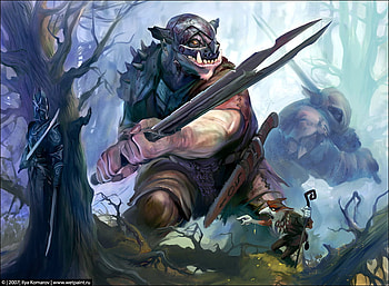 Blending In, sword, woods, fantasy, green, goblin, trees, tree, pig HD wallpaper