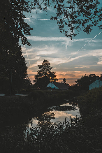 Nature, Water, Trees, Sunset, Sky, Branches, Small House, Lodge HD phone wallpaper