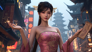 AI Art — Silk Empress in Lanterned Alley, Woman HD wallpaper
