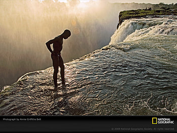 Watch your step, swimmer, river, waterfalls, mountains HD wallpaper