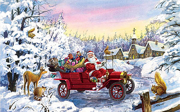 Thoroughly Modern Santa, artwork, snow, christmas, deer, car, houses, squirrel, village, painting HD wallpaper