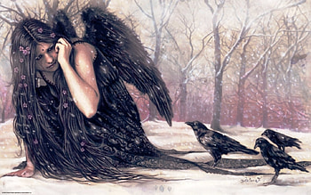 Raven-girl, gothic, raven, winter, crow, painting, snow, angel, girl HD wallpaper