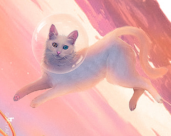 Space cat, space, cat, cosmonaut, art, angel, astronaut, pink, fantasy, pisici, aleksandra cabel, detail, luminos HD wallpaper