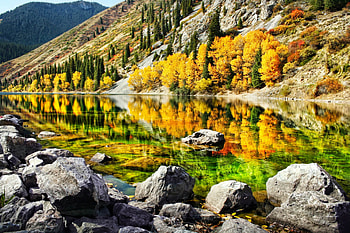 Autumn in Kasakhstan, colors, serenity, tranquil, reflection, trees, autumn, golden, mirror, hills, Asia, fall, landscape, beautiful, rocks, lake, stones, mountain, forest HD wallpaper