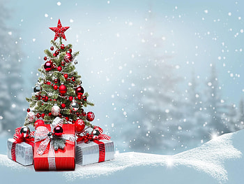 Merry Christmas, winter, snow, ornaments, trees, gifts HD wallpaper