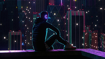 Boy Sitting On Rooftop Neon Lights , neon, buildings, artist, artwork, digital-art HD wallpaper