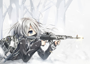 Anime anime anime girls gun weapon gray hair snow forest AK-12 HD wallpaper