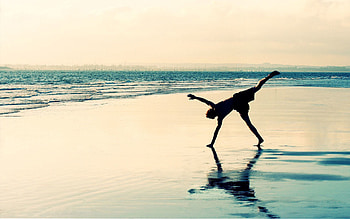 Water, Sky, Sea, Shore, Bank, Silhouette, Miscellanea, Miscellaneous, Bounce, Jump HD wallpaper