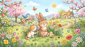 Blossom Buddies — Cute Spring, Cute Spring, Bunny, Cat, Chick, Butterfly HD wallpaper