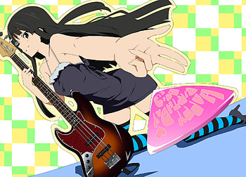 K-ON!, colorful, guitar, black hair, long hair, guitr pick, dress, k-on HD wallpaper