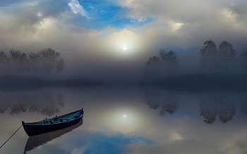 Fog, boat, lake, tree HD wallpaper