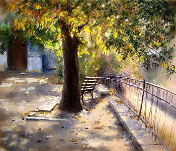 Yushin Helena. Fall of ripe chestnuts. (pastel), yushin helena, art, painting, fence HD wallpaper