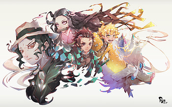 Demon Slayer : Inosuke, Zenitsu, Tanjiro & Nezuko Unite Against Muzan, Inosuke Hashibira, Zenitsu Agatsuma, Tanjiro Kamado, Nezuko Kamado, Muzan Kibutsuji, Anime, Demon Slayer: Kimetsu no Yaiba HD wallpaper