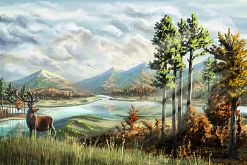 Art, Rivers, Mountains, Deer, Horns HD wallpaper
