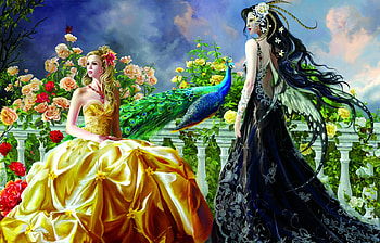 Beauties, peacock, girl, blue, bird, nene thomas, garden, rose, fantasy, yellow, flower, green, red, couple HD wallpaper