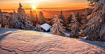 winter landscape, winter, sunrise, snow, cabin, sunset HD wallpaper