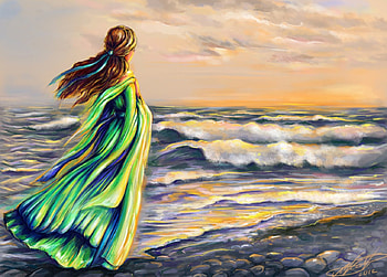 Watching The Sun Set, waves, sun set, water, woman HD wallpaper