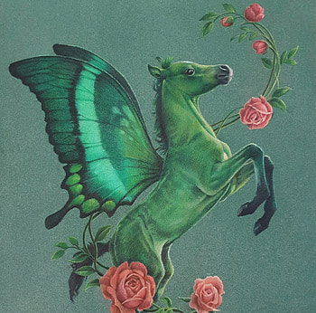 Fairy horse, cute, mini, wings, horse, art, satu manninen, rose, fairy, pink, fantasy, butterfly, green, flower HD wallpaper