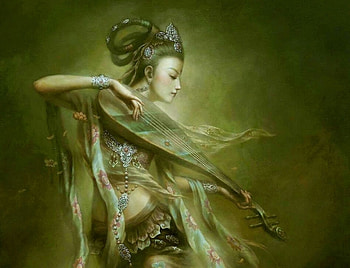 Fantasy girl, frumusete, mandolin, art, asian, gorgeous, girl, jewel, superb, instrument, fantasy, green, luminos HD wallpaper