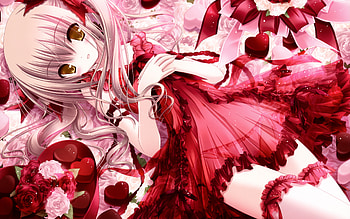 Romance Red, teddy, petals, love, red, girl HD wallpaper