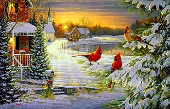 Winter cardinals, winter, birds, glow, nice, painting, snow, cardinals, sunset, snowy, house, beautiful, tree, cabin, pretty, sky, cottage, lovely, village HD wallpaper