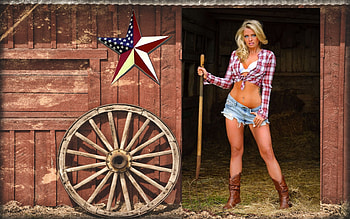 American West.., style, barn, cowgirl, fun, fashion, outdoors, ranch, blondes, girls, wagon wheel, women, models, pitchfork, boots, western, female HD wallpaper