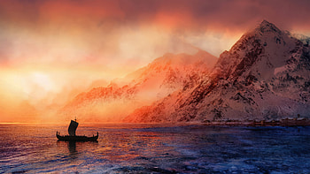 Vikings Have Arrived Longship At Sunset, vikings, mountains, mountain, sky, cloud, clouds, sea, ocean, nature, artstation HD wallpaper
