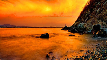 Coastal Rocks, sea, sunlight, glow, coast, stones, beach, rock, nature, ocean HD wallpaper