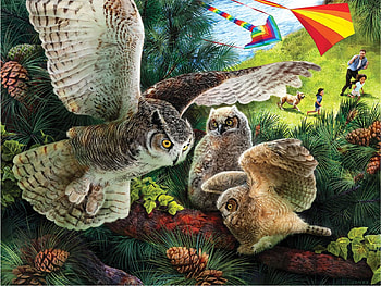 Learning To Fly, trees, chicks, owls, nest, painting HD wallpaper