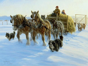 Painting by Robert Duncan, winter, dog, robert duncan, painting, art, snow, nature HD wallpaper