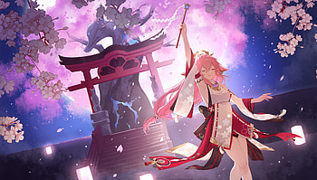 Yae Miko Guuji by MORI森, Yae Miko Guuji (Genshin Impact), Genshin Impact, temple, pink, girl HD wallpaper