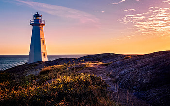 white lighthouse, evening, sunset, seascape, lighthouse, coast, sea, beautiful sunset HD wallpaper