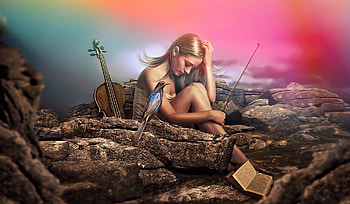Last Song For You, bird, Fantasy, softness, Violin, music, lovely, rocks HD wallpaper