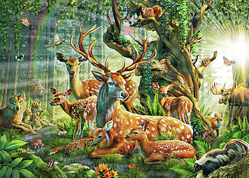 Deer family in the forest, adrian chesterman, orange, tree, summer, fantasy, family, green, deer, luminos, forest, vara HD wallpaper
