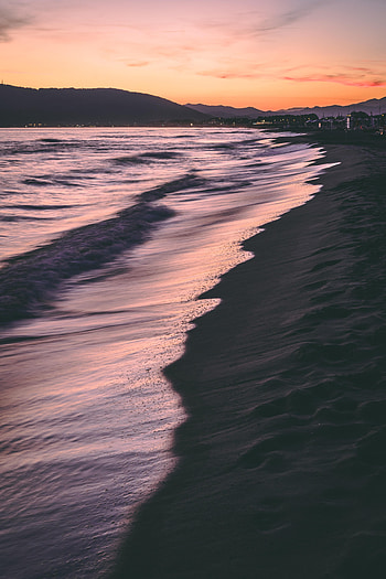 Nature, Sunset, Sea, Beach, Coast, Hills HD phone wallpaper