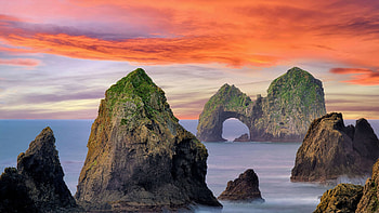 Island rocks, Sunset scenery, Tranquil beauty HD wallpaper