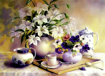 Lovely Lilys, still life, white lilys, tray, teacup, vase, flowers HD wallpaper